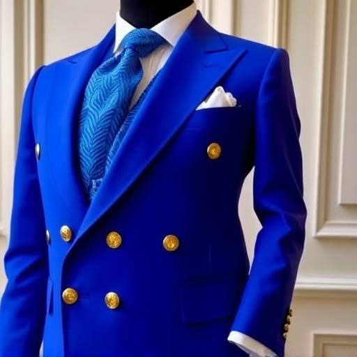 A bespoke suit with a rich royal blue fabric and contrasting gold buttons, exuding opulence.