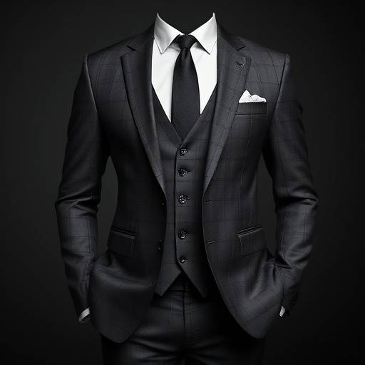 A charcoal grey bespoke suit with a modern slim fit, featuring a peak lapel and subtle windowpane pattern.