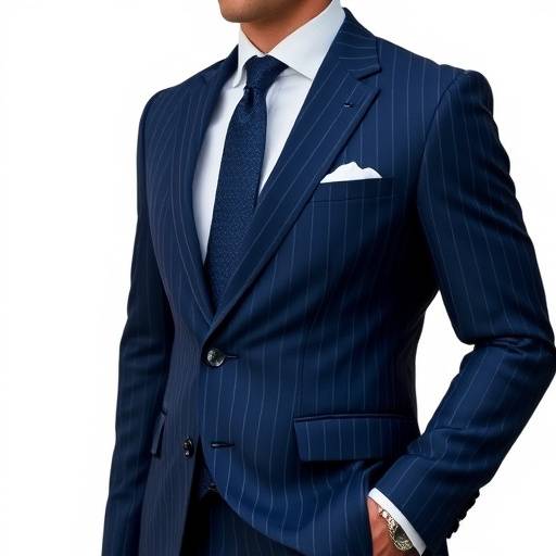 A classic navy blue bespoke suit with subtle pinstripes, worn by a distinguished gentleman.
