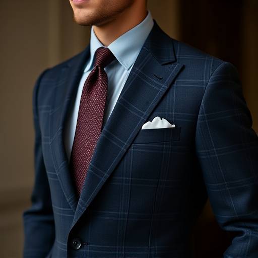 A dark navy bespoke single-breasted suit with subtle windowpane checks, worn by a gentleman in a professional setting.
