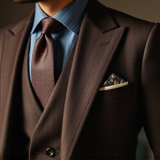 A sophisticated dark brown bespoke three-piece suit with a subtle texture, worn by a gentleman with refined taste.